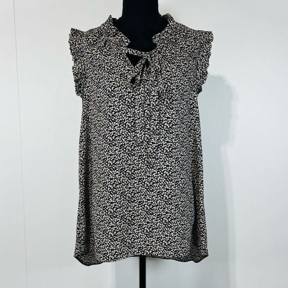 Harlowe & Graham Sleeveless Tunic Blouse Sz S Women’s Navy & Tan Floral Vines - Picture 1 of 14